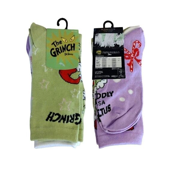 Dr Seuss's The Grinch 3 Pairs Christmas Themed Crew Socks NWT - Picture 3 of 9